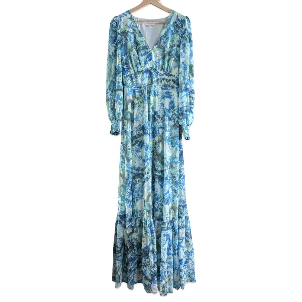 Faeriesty Blue Green Floral Maxi Dress V Neck Balloon Sleeve Whimsical Cottage S - Picture 2 of 13